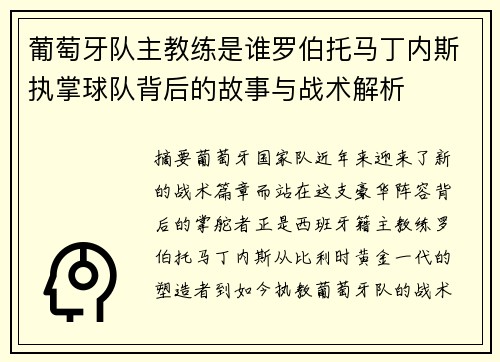 葡萄牙队主教练是谁罗伯托马丁内斯执掌球队背后的故事与战术解析